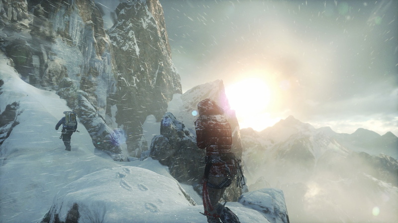 rear view, mountains, red, Rise of the Tomb Raider, sun rays, video game characters, white, 1080P, winter, red coat, Lara Croft