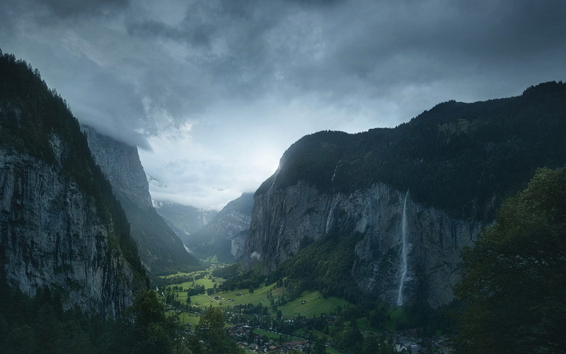 landscape, mountain range, tranquility, idyllic, cloud - sky, mist, sky, no people, remote, clouds, mountain, waterfall, nature, morning, 720P, land, forest