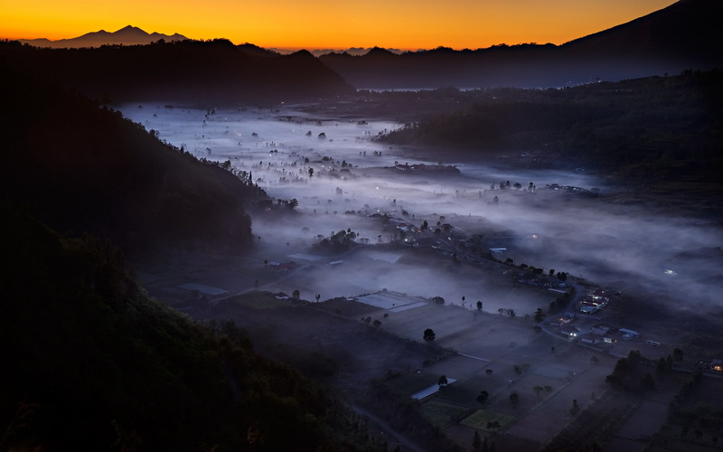 field, nature, brown, valley, mountain, villages, 2K, sunrise, mist, landscape