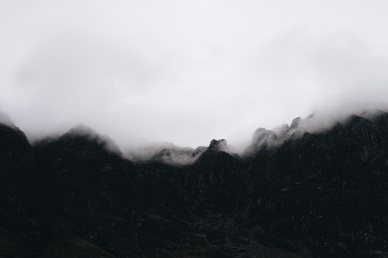 mountain peak, day, land, aerial, misty, 5K, landscape, tranquility, scenics - nature, valley, nature, photography, rock, glen coe, uk, dark, hill, fujifilm