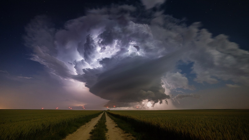 environment, field, Lights, Windmill, ominous, Dirt Road, road, thunderstorm, supercell (nature), outdoors, horizon over land, horizon, 1080P, scenics - nature