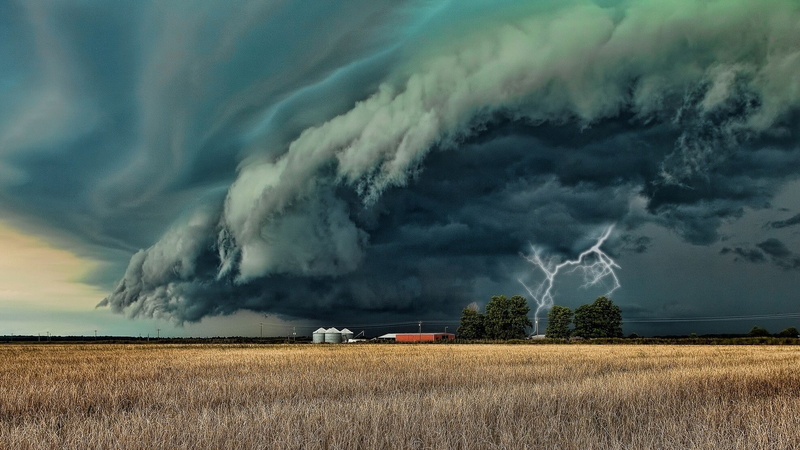 1080P, field, Horizon, storm, Lightning, nature, building, clouds, Trees, plants, supercell (nature), landscape