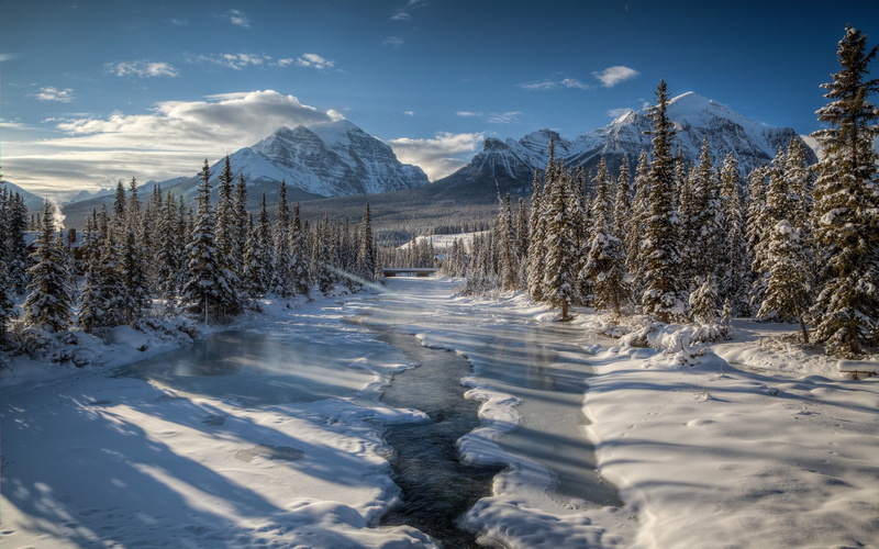 nature, mountains, landscape, 1080P, frozen, snow, hd, river, trees, winter