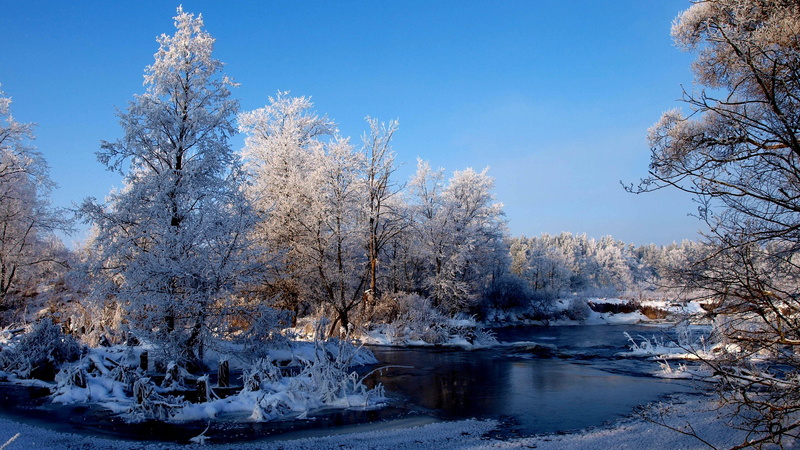 flowing water, day, snow, tranquil scene, scenics - nature, no people, cold temperature, landscape, leafed, trees, sky, river, outdoors, nature, stream - flowing water