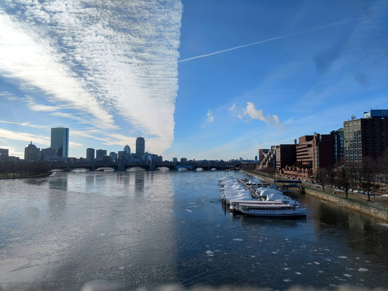 cityscape, 720P, architecture, building, winter, river, clouds, skyscraper, boat, ship, ice, trees, bridge, Boston, frozen river, USA