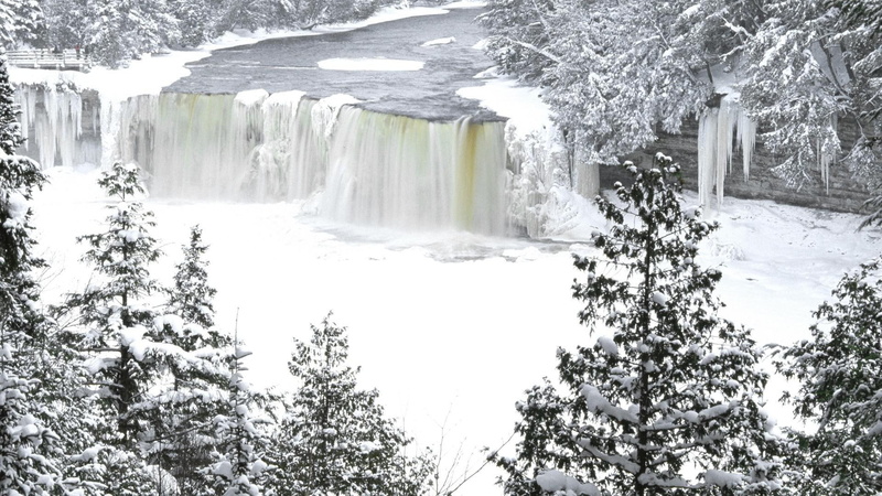tahquamenon falls, snow, nature, 1080P, 1920x1080, falls, michigan, frozen, winter, white, snowy, waterfall, tahquamenon, river
