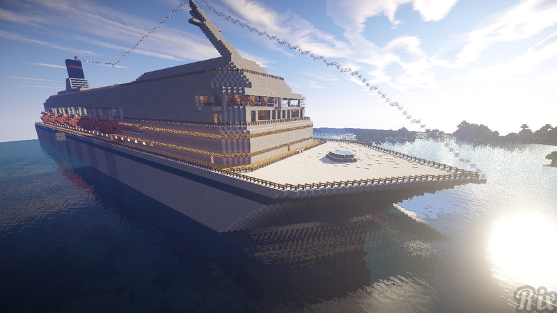 Minecraft, building exterior, sea, sunlight, 720P, nature, ship, transportation, nautical vessel, cloud - sky, built structure, reflection, architecture