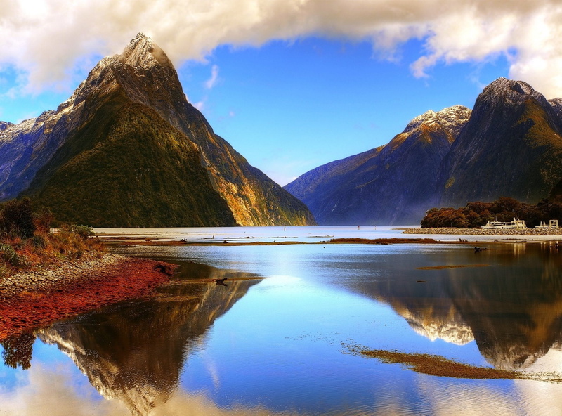 Mountain, beauty in nature, cloud - sky, New Zealand, no people, scenics - nature, sky, 1080P, waterfront, Fjord, idyllic, Reflection, Milford Sound, nature