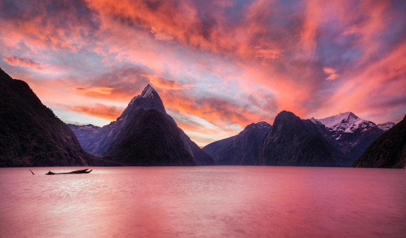 Fjord, Mitre Peak, Sunset, Landscape, Earth, Nature, Sky, Milford Sound, New Zealand, Mountain, Cloud, Driftwood, 5K