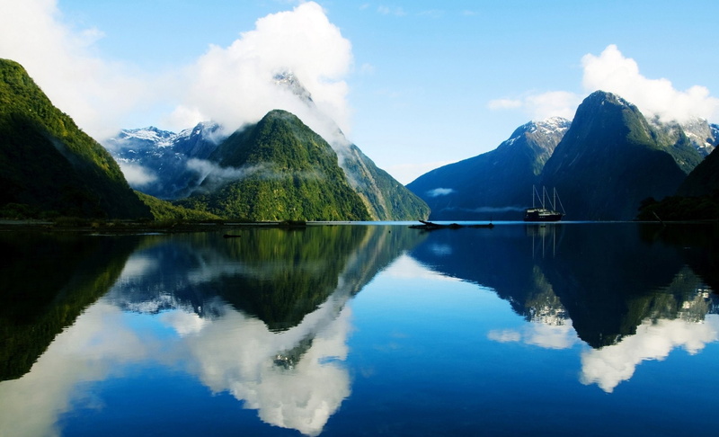 New Zealand, Cloud, Reflection, Lake, Milford Sound, Earth, Mountain, Mitre Peak, Fjord, 1080P