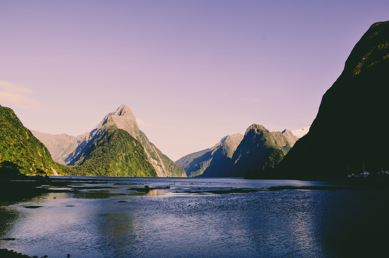 mountain range, mountain, green, sunset, remote, waterfront, milford sound, water, mountains, background, new zealand, non-urban scene, beauty in nature