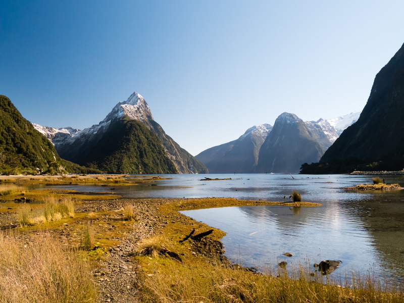 Landscape, rippling, nature, water, New Zealand, lake, outdoors, scenics, reflection, looking, body, mountain, MItre Peak, mountains, peak, mitre, Milford Sound