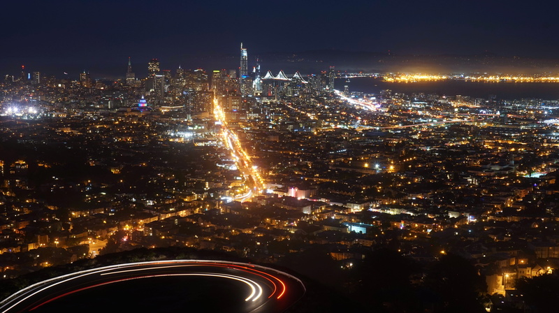 cityscape, skyscraper, multiple lane highway, night, light trail, san francisco, city, aerial view, street, no people, travel destinations, building exterior
