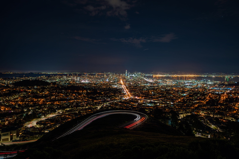night lights, transportation, night life, neighborhood, building exterior, photo, skyscraper, birdseye, city life, cityscape, high angle view, light trail