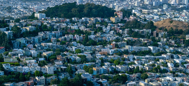 day, architecture, city, nature, high angle view, tree, twin peaks, residential district, building exterior, united states, crowded, built structure, plant