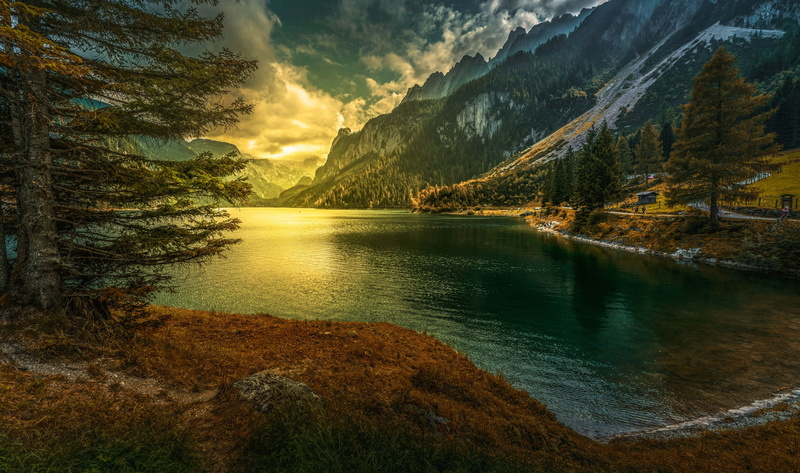tree, environment, remote, Gosau, idyllic, nature, Vorderer Gosausee, mountain, sunset, lake, Gosau Lake, 1080P, Austria, reflection, mountains, tranquil scene