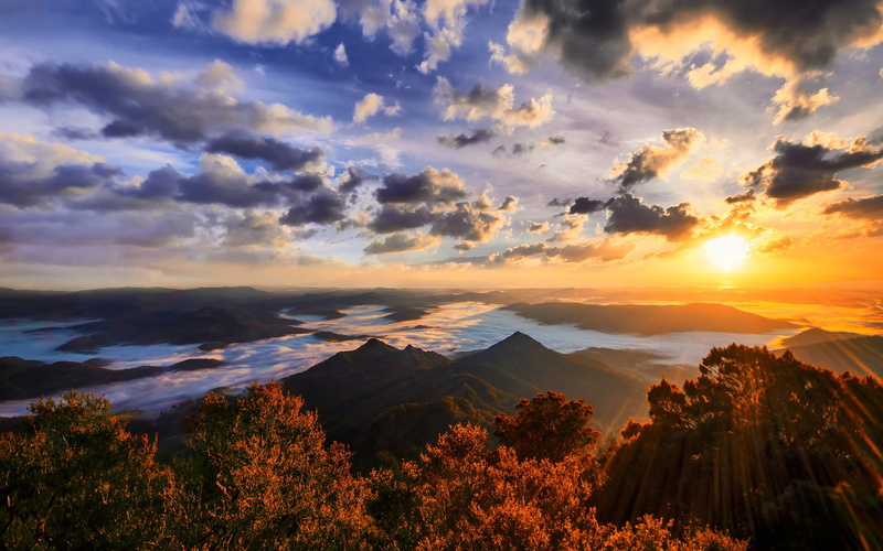 river, clouds, 2K, nature, sunset, forest, far view, mountains, landscape, sky
