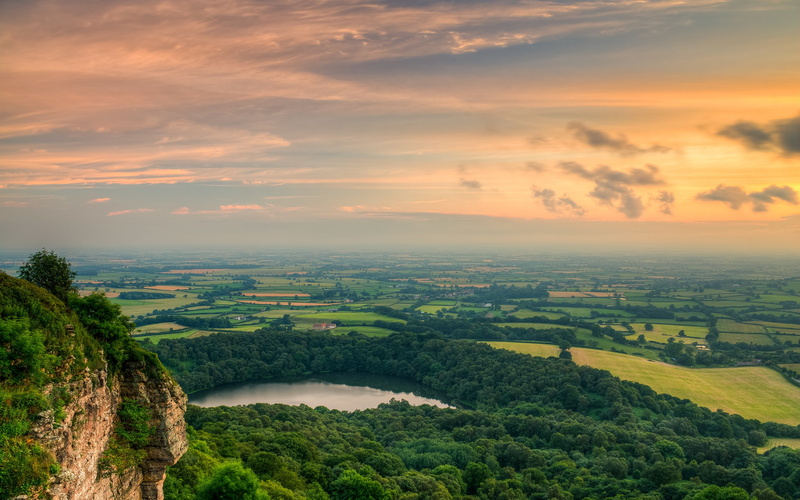 sky, lake, sunset, landscape, trees, far view, forest, 2K, mountains, clouds, nature