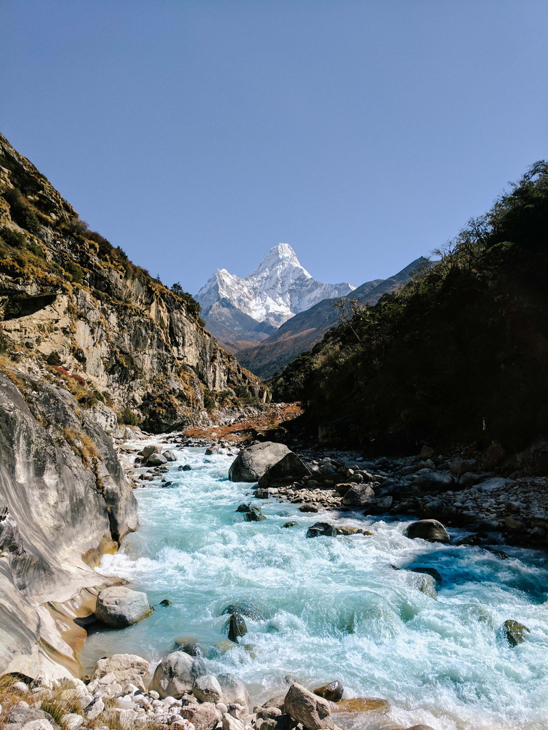 himalayas, winter, river, flowing, solid, rock, forest, water, cold temperature, no people, trees, mountain peak, environment, clear sky, landscape, mountain range
