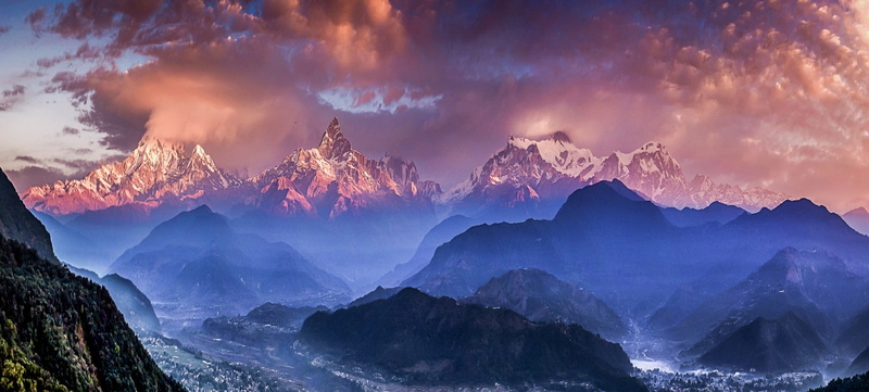 sunset, snowy peak, sky, Nepal, clouds, villages, landscape, valley, 1080P, nature, blue, mist, Himalayas, mountains