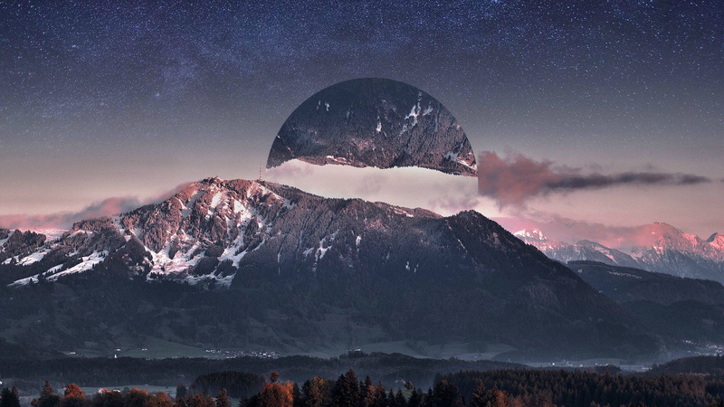 landscape, galaxy, environment, tranquility, scenics - nature, full moon, covered, beauty in nature, mountain range, snowcapped mountain, night, nature