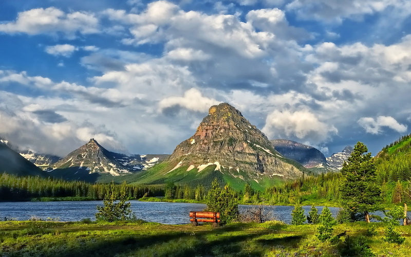 Glacier, green, Mountains, Park, Lake, leaved, trees, 1080P, National, Clouds