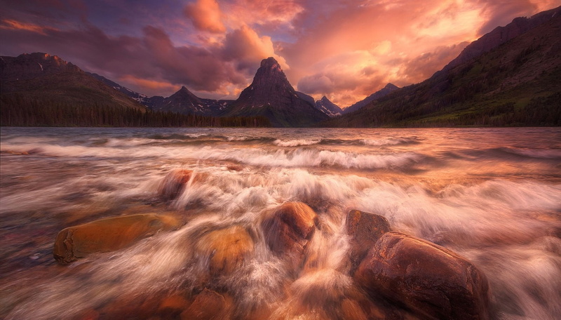 sunlight, Glacier National Park, Montana, photography, nature, landscape, 720P, clouds, lake, mountains, sunset, forest