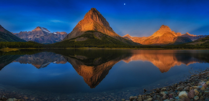 travel destinations, Montana, Glacier National Park, forest, 1080P, symmetry, reflection, summer, idyllic, lake, waterfront, beauty in nature, mountain peak