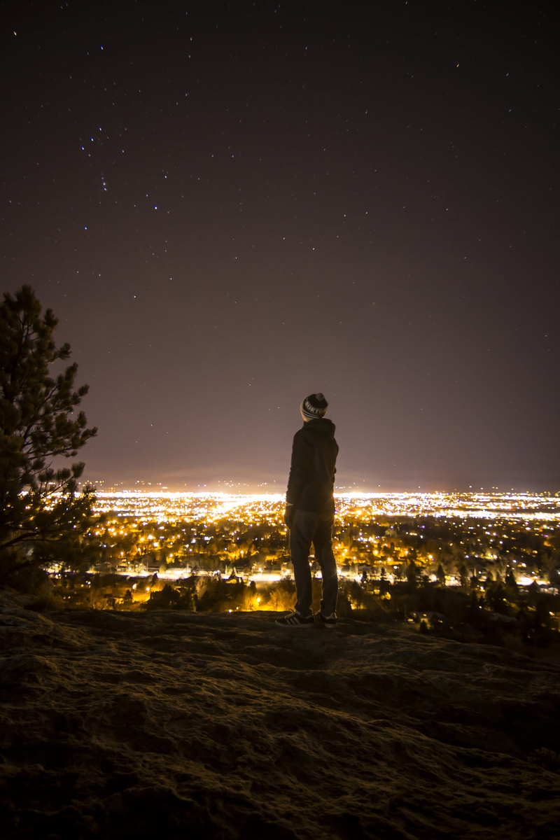 hat, architecture, man, astronomy, looking, beanie, built structure, men, montana, billings, one person, city, night, united states, billings montana, illuminated