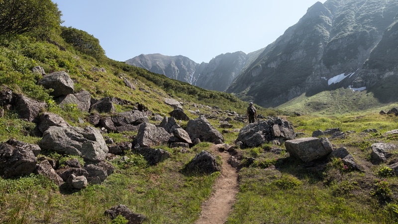 no people, tranquility, land, mountain range, clear sky, grass, kamchatka nature 6k, solid, sky, non-urban scene, environment, formation, rock, tranquil scene