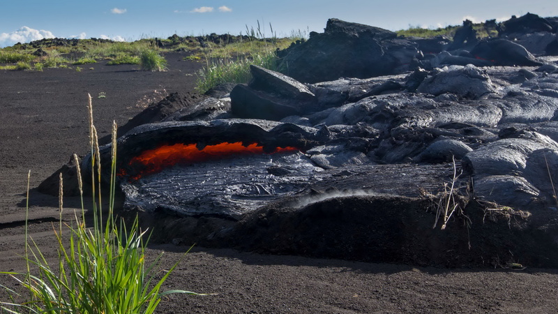 no people, outdoors, flowing, orange color, 5K, solid, rock, mountain, sky, beauty in nature, kamchatka volcano picture of lava, nature, heat - temperature
