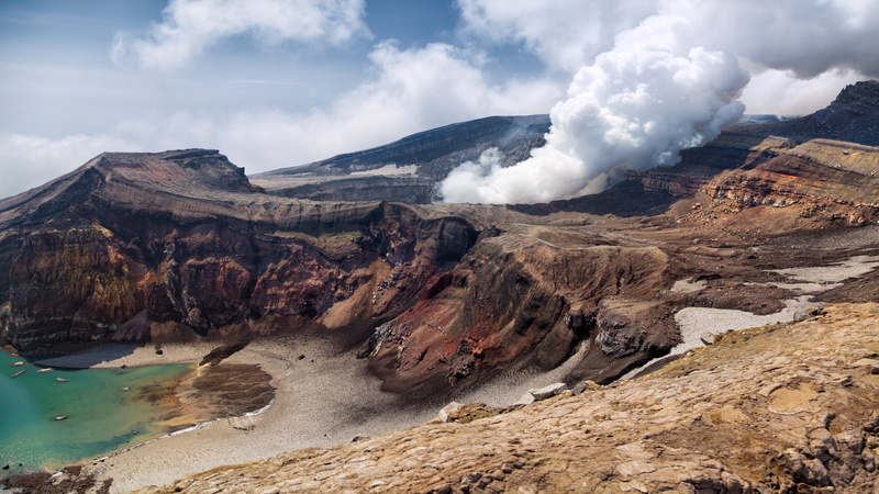 rock, tranquil scene, no people, water, volcano, nature, volcanic crater, solid, land, rock - object, landscape, kamchatka volcano wide, geology, tranquility