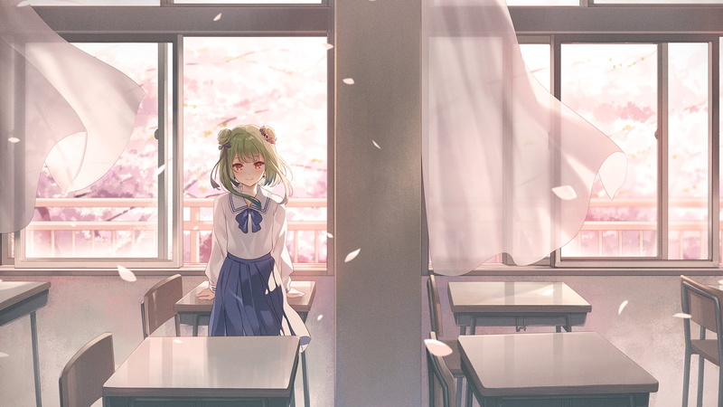 1080P, women, Uruha Rushia, green hair, school uniform, windy