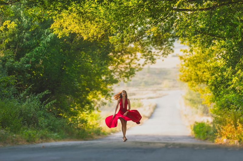 trees, model, red dress, women, windy, road, 1080P