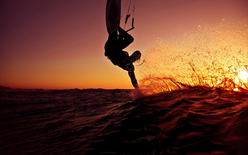 waves, kitesurfing, 720P, sport, sunset, ocean
