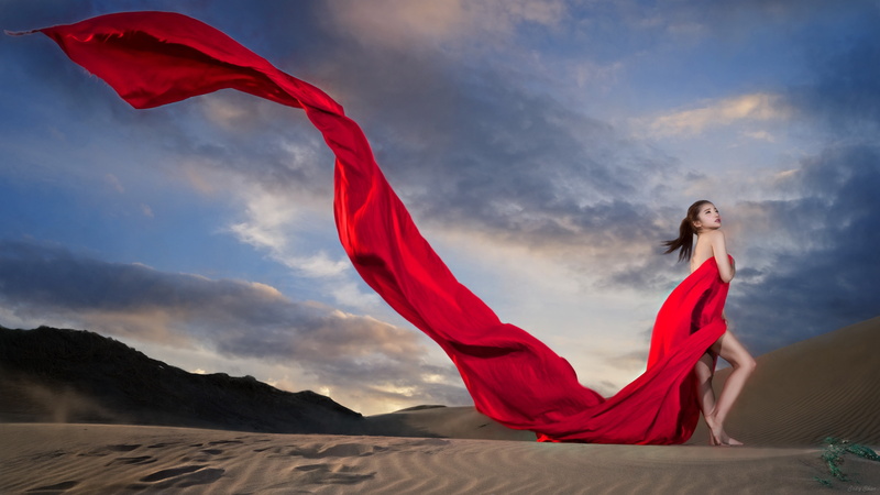 fashion photography, sky, cloud - sky, fashion, human limb, red, Asian, ponytail, adult, 5K, wind, brunette, hairstyle, dress, one person, windy, outdoors
