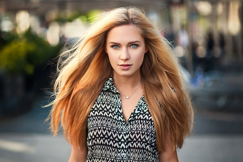 beautiful woman, adult, model, teenager, outdoors, women outdoors, portrait, hairstyle, blue eyes, beauty, young women, windy, front view, focus on foreground