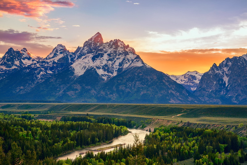 environment, no people, non-urban scene, sunset, landscape, land, Snake River, mountain range, summer, cloud - sky, river, field, plant, snowcapped mountain