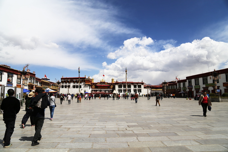 blue sky, lhasa, tibet, group of people, sky, lifestyles, jokhang temple, street, buddhism, tourism, the majestic, city, women, built structure, cloud - sky
