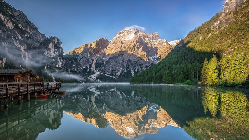 mountain lake, mountain range, tranquility, mountain, waterfront, lake, bank, alps, formation, travel destinations, prags, water, dolomites, day, non-urban scene