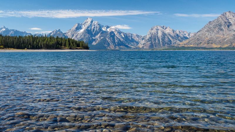 water, rocky, clear, lake, teton, park, grand, usa, pine, trees, wyoming, national, waves, jenny, mountain, peaks, 2K