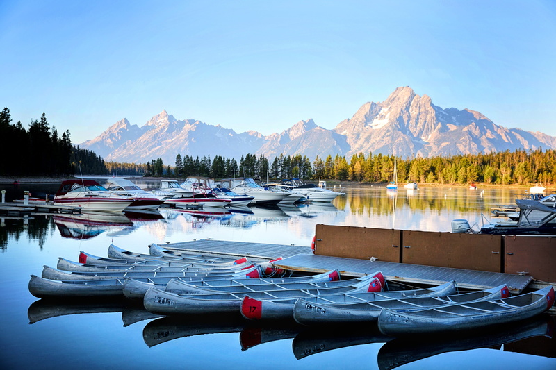 5K, jenny, vacation, wyoming, non-urban scene, scenics - nature, sky, boats, white, mountain, kayaks, boat, cold temperature, summer, wooden, scenery