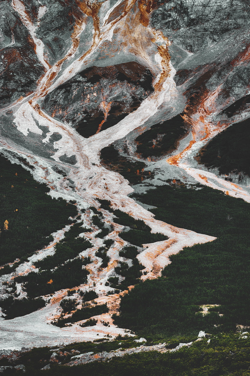 high angle view, non-urban scene, trees, lava, 5K, road, no people, nature, full frame, outdoors, cold temperature, tree, transportation, sign, day, water