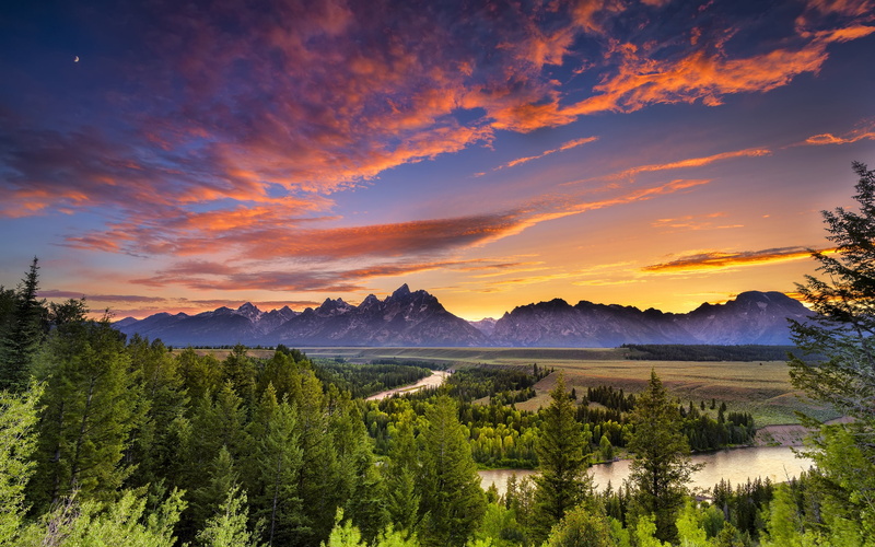 Wyoming, Teton, Trees, Sunset, Grand, River, 2K, Sky, Forest, National, Park