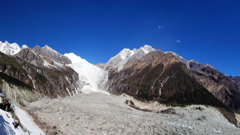 snow, scenics - nature, cold temperature, clear sky, east slope of gongga mountain, Glacier, environment, rock, nature, non-urban scene, ice falls, road