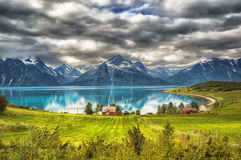 tranquil scene, environment, Bay, snowcapped mountain, green color, water, sky, idyllic, house, mountain range, tranquility, 1080P, Sweden, grass, sea