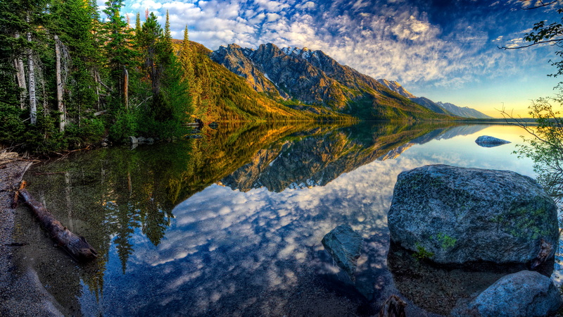 teton, sunset, flowing water, jenny, 4K, rock - object, mountains, cloud - sky, water, forest, park, trees, grand, no people, lake, sky, idyllic, usa