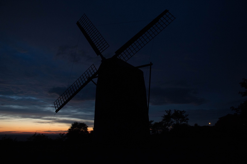architecture, night, tree, wind turbine, summer, sky, windmill, plant, dark, sunset, landscape, blue, gotland, old, renewable energy, traditional windmill