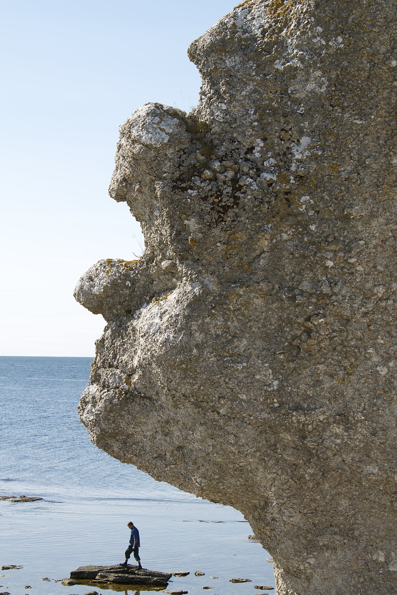Sea Stack, sky, nature, leisure activity, scenics - nature, sea, beauty in nature, Gotland, clear sky, cliff, 4K, one person, horizon over water, beach