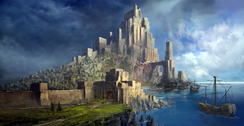 wall, Sailing Ship, 1080P, clouds, Final Fantasy, sea, castle, digital art, cliff, Monastery, fantasy Art, video games, Cornelia, Arch